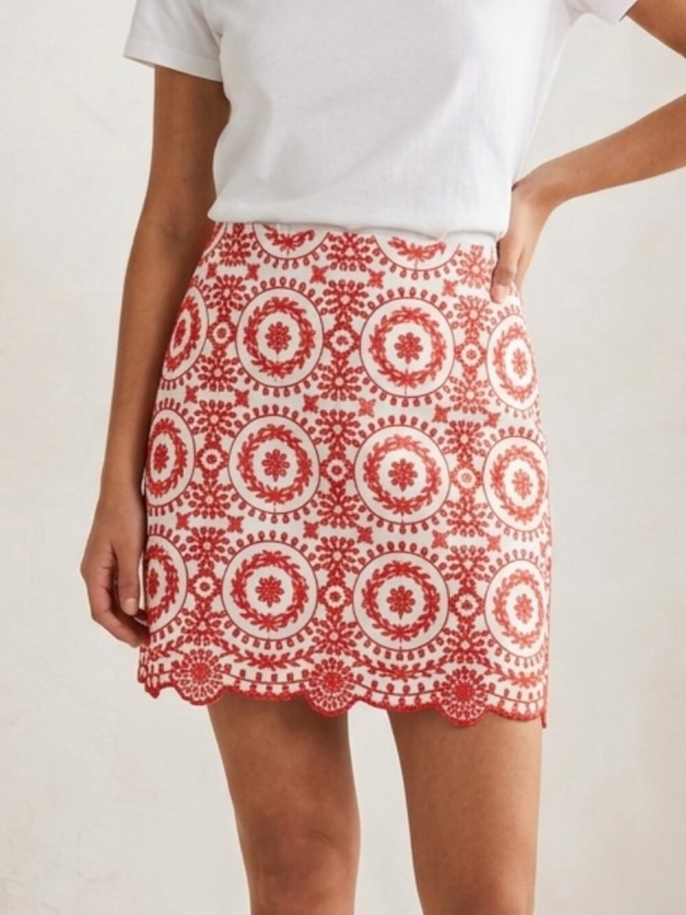 LOFT Orange & White Embroidered Eyelet Scalloped Cotton Mini Skirt Sz M